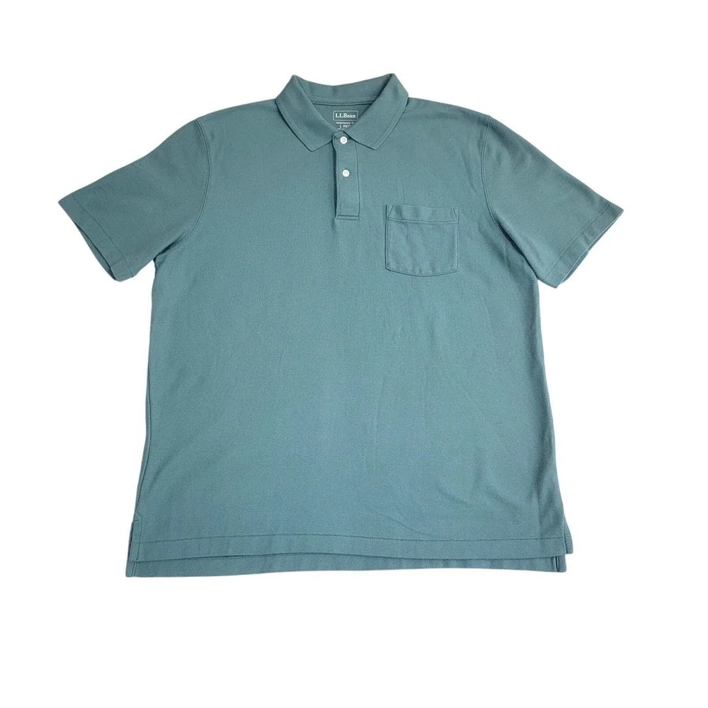 LL Bean Polo Shirt Mens Large Teal Green Cotton Pique Pocket Short Sleeve